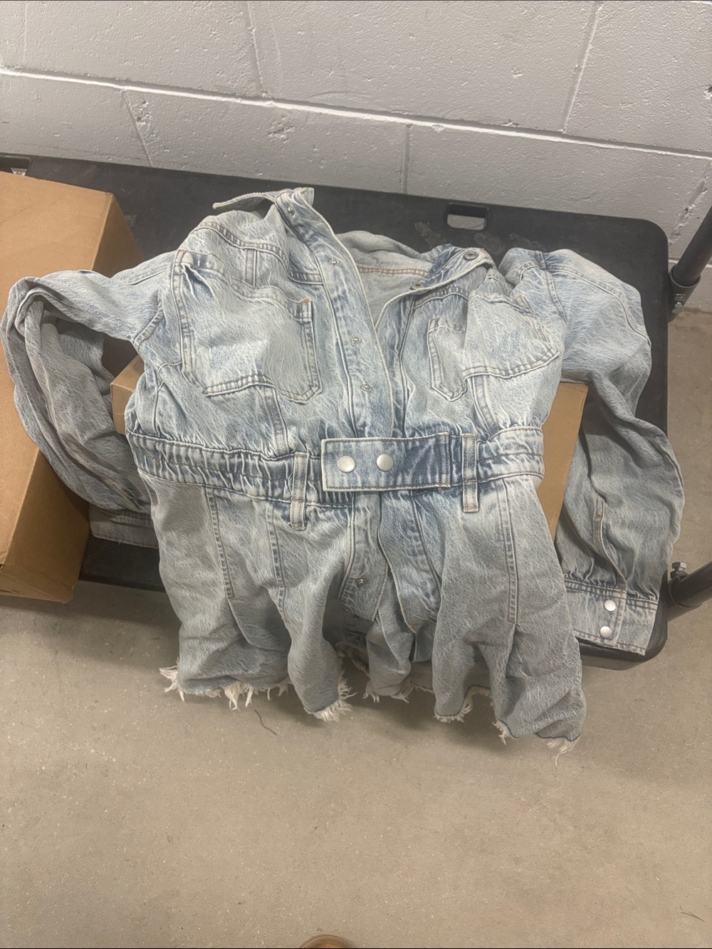 Free People Light Blue Distressed Denim Jacket with Cinched Waist